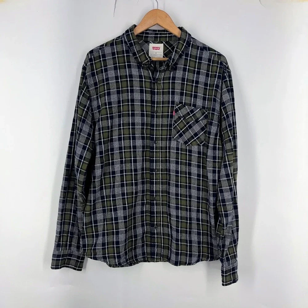 Levis Mens XL Plaid Button Down Shirt Olive Green Black Cotton 3LYLW9702